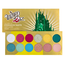 Load image into Gallery viewer, Mad Beauty Wizard of Oz 12-shade eyeshadow palette displayed with its gold Emerald City packaging