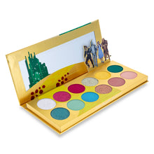 Load image into Gallery viewer, Open Mad Beauty Wizard of Oz eyeshadow palette with 12 shades, mirror, and pop-up Dorothy, Tin Man, Scarecrow, and Cowardly Lion display