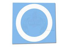 Load image into Gallery viewer, white vinyl cornhole board ring decal on blue background