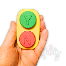 Load image into Gallery viewer, Yes No Button Fidget Clicker, Hand holding the Yes No Fidget Key Clicky