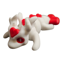 Load image into Gallery viewer, Valentine Love Dragon mini articulated figure with a white body and vibrant red heart accents on its head, back, and tail. Lightweight and compact, perfect for stress relief, fidgeting, or as a unique Valentine's gift. Photographed on a white background for a clean and professional presentation.