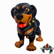 Load image into Gallery viewer, Front view of articulated Rottweiler figure with black and gold collar, showing detailed sculpting and solid build – Convixxion