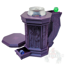 Load image into Gallery viewer, Front view of the open Cyber Tankard, with the lid laid beside it. A 12 oz can is inside, a die is positioned at the top of the handle, and another die rests in the small tray below.