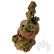 Load image into Gallery viewer, Left view of the Mermaid Dice Tower in vintage metal color, featuring detailed craftsmanship of the mermaid and the base. The design highlights the intricate sea-inspired elements from this angle.