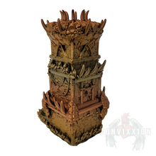 Load image into Gallery viewer, Angled back view of the Orc Stronghold Dice Tower, displaying both the back and left side, highlighting the rugged, stronghold structure.