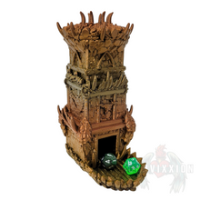 Load image into Gallery viewer, Angled front view of the Orc Stronghold Dice Tower, showing both the front and right side with its spiked, fortress-like design.