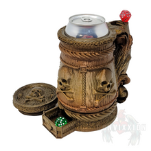 Load image into Gallery viewer, Front view of the open Pirate’s Grog Can Holder and Dice Tower. The lid is laid beside it, a 12 oz can is inside, with one die at the top of the handle and another in the small tray below.