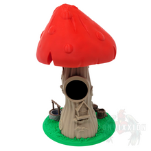 Load image into Gallery viewer, Back view of the Toadstool Manor Dice Tower, displaying the rear details of the mushroom top and base.