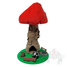 Load image into Gallery viewer, Front view of the Toadstool Manor Dice Tower, showcasing the detailed mushroom top and custom base.