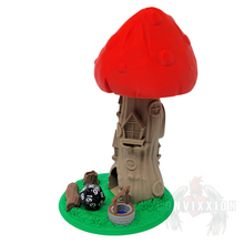 Load image into Gallery viewer, Right side view of the Toadstool Manor Dice Tower, highlighting the structure and design of the mushroom and base.