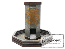 Load image into Gallery viewer, Detailed shot of the Convixxion Cthulhu engraving on the dice tower, capturing the artwork’s depth and precision on the wooden surface.