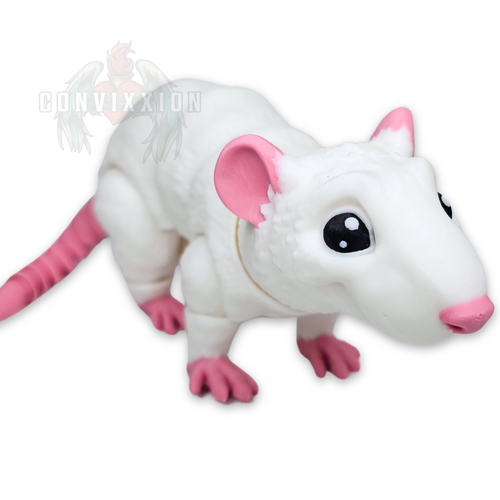 Articulated albino rat figure with movable joints, featuring a white body with pink ears, paws, and tail. High-quality fidget toy for adults and stress relief companion by Convixxion