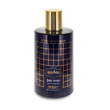 Load image into Gallery viewer, Single Harry Potter body lotion bottle by Mad Beauty, in navy packaging with a gold grid design and gold cap on a white background.
