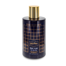 Load image into Gallery viewer, Single Harry Potter body wash bottle by Mad Beauty, in navy packaging with a gold grid design and gold cap on a white background.
