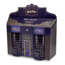 Load image into Gallery viewer, Harry Potter Borgin &amp; Burkes body care duo gift set by Mad Beauty, showing the navy and gold house-front display box with two body care bottles inside on a white background.

