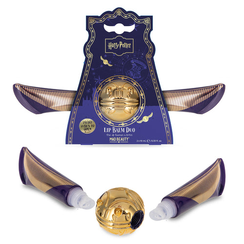 Harry Potter Golden Snitch lip balm duo by Mad Beauty, shown in purple winged packaging with a gold Snitch-shaped balm in the center and two matching gold and purple squeeze tubes displayed below on a white background.