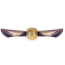 Load image into Gallery viewer, Harry Potter Golden Snitch lip balm duo by Mad Beauty, shown assembled with a gold Snitch-shaped center and two purple and gold striped wing-shaped tubes extending from each side on a white background.
