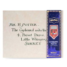 Load image into Gallery viewer, Closed Harry Potter Mad Beauty eyeshadow palette shaped like Harry’s Hogwarts acceptance letter, with cream “parchment” front and faux handwritten address text printed across the cover.

