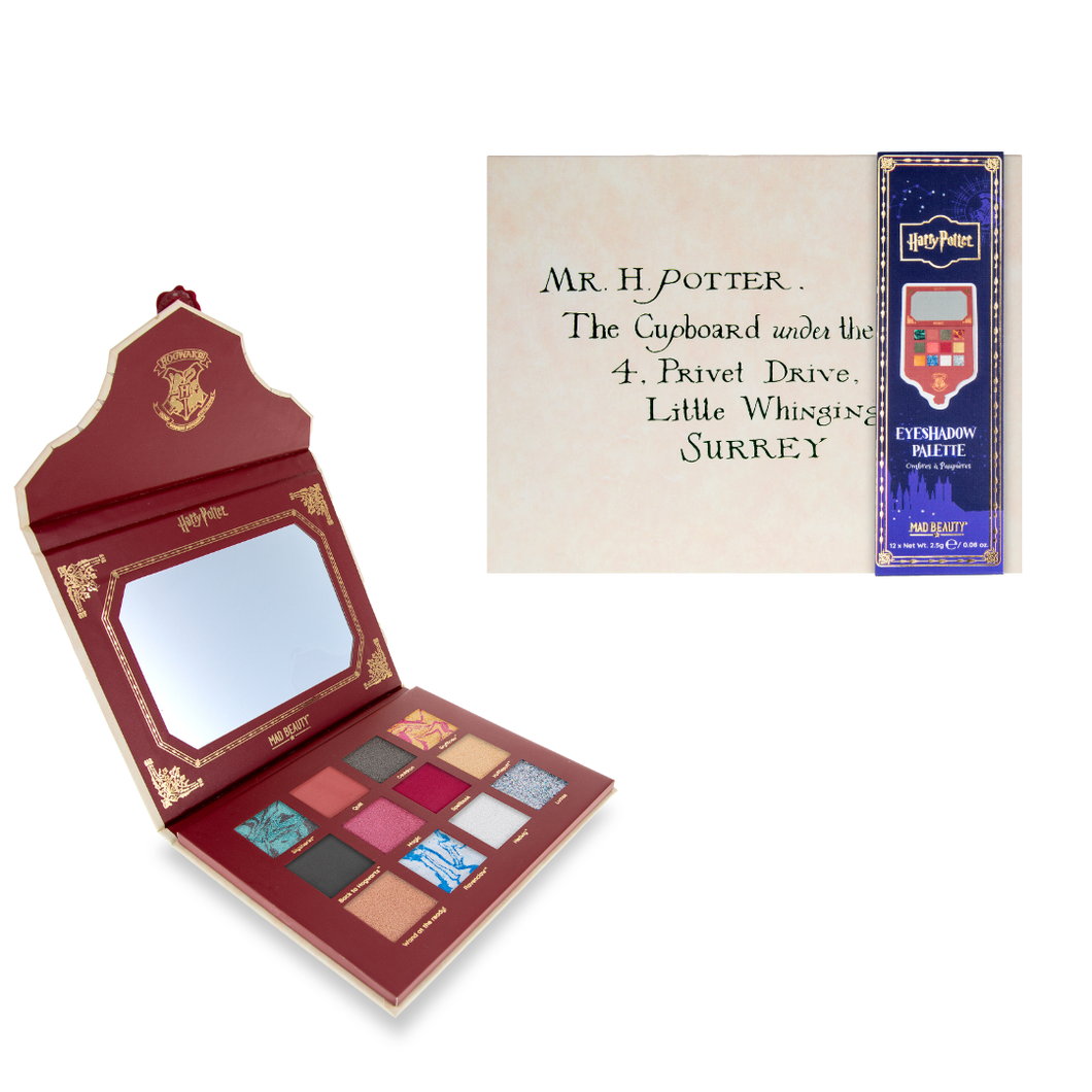 Open Harry Potter eyeshadow palette by Mad Beauty in a red Hogwarts-themed case with mirror and twelve colorful shades on the left, shown beside the outer packaging that features Harry’s Hogwarts letter address and a tall narrow box illustration.