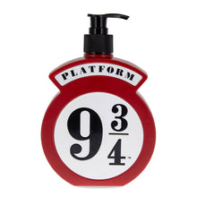 Load image into Gallery viewer, Harry Potter Platform 9 3/4 hand and body wash by Mad Beauty, in a red pump bottle shaped like the Platform 9 3/4 sign with black pump and white circular label, on a white background.
