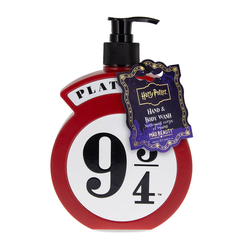 Harry Potter Platform 9 3/4 hand and body wash by Mad Beauty, in a red pump bottle shaped like the Platform 9 3/4 sign with a decorative blue hang tag on a white background.
