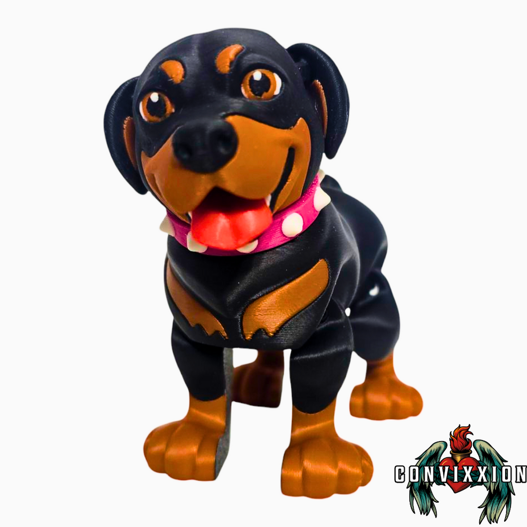 Front view of articulated Rottweiler figure with pink and white spiked collar, featuring detailed sculpt and sturdy build – Convixxion