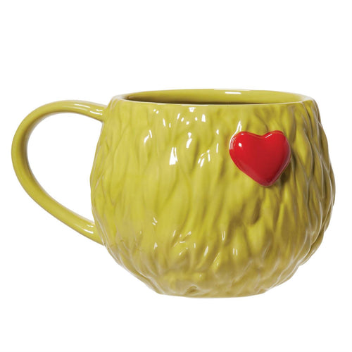 The Grinch Change of Heart 16 oz ceramic mug by Enesco featuring a bright green textured surface and a raised red heart.