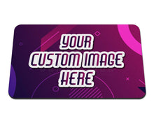 Load image into Gallery viewer, Convixxion custom neoprene gaming playmat with vibrant purple and pink geometric design and stitched edges
