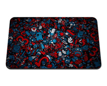 Load image into Gallery viewer, Convixxion custom neoprene gaming playmat with a vibrant red and blue doodle art pattern and stitched edges.
