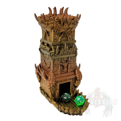 Angled front view of the Orc Stronghold Dice Tower, showing both the front and right side with its spiked, fortress-like design.