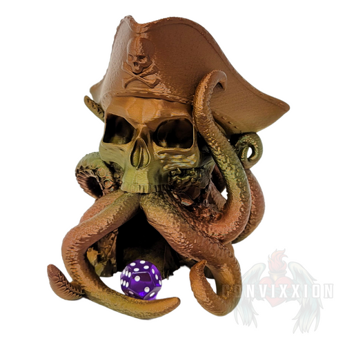 Front view of the Convixxion Pirate Captain Skull Dice Tower with tentacles emerging from its mouth a purple die. A legendary skull-themed dice tower perfect for tabletop gaming.