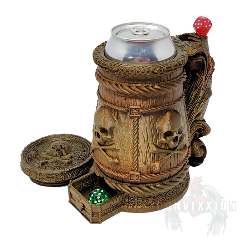 Front view of the open Pirate’s Grog Can Holder and Dice Tower. The lid is laid beside it, a 12 oz can is inside, with one die at the top of the handle and another in the small tray below.