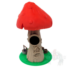 Load image into Gallery viewer, Back view of the Toadstool Manor Dice Tower, displaying the rear details of the mushroom top and base.
