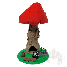 Load image into Gallery viewer, Front view of the Toadstool Manor Dice Tower, showcasing the detailed mushroom top and custom base.
