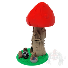 Load image into Gallery viewer, Right side view of the Toadstool Manor Dice Tower, highlighting the structure and design of the mushroom and base.
