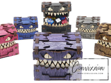 Load image into Gallery viewer, Handcrafted Convixxion dice chest: Artfully designed mimic-inspired chest for your board game dice collection.
