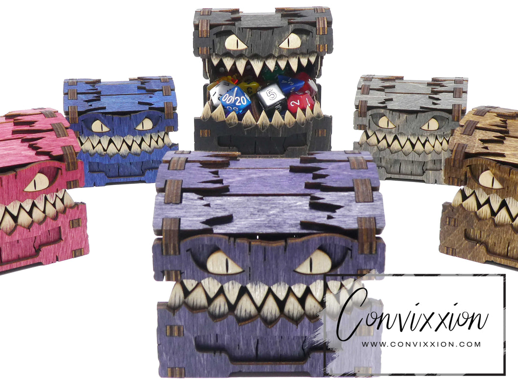 Handcrafted Convixxion dice chest: Artfully designed mimic-inspired chest for your board game dice collection.